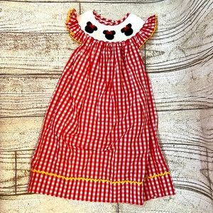 VGUC Disney theme Minnie Mouse smocked dress size 4 red gingham yellow Rick rack